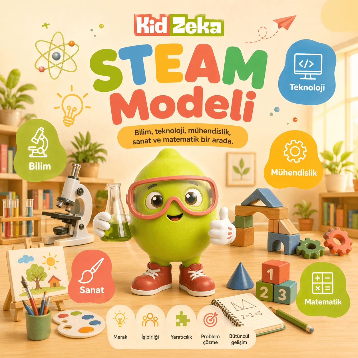 Deney yapan çocuk temalı STEM modeli